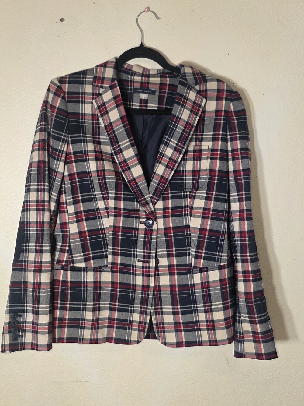 Tommy Hilfiger Beige Red & Navy Blue Plaid Blazer Jacket Women’s Size 8